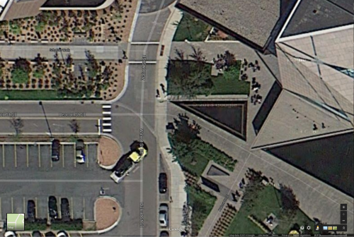 In this Aerial photo via Google Maps you can see what the scene looked like before the recent "improvements". Pedestrians could walk diagonally across Walnut to the Scholars' Walk