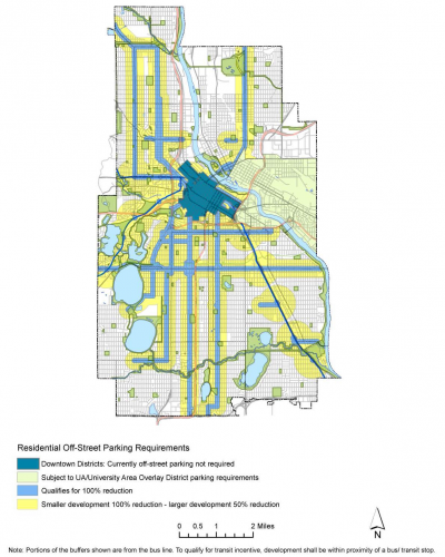 Map of parking minimum reductions in Minneapolis