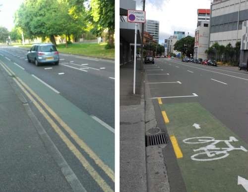 Narrow bikelanes in London (L) and Wellington (R).