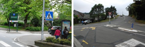 Median islands slow down turning traffic on small streets in Stavanger (L) and Wellington (R)