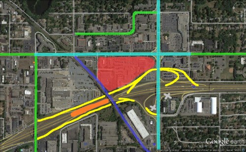 Yellow: New Ramps, Blue: New bicycle trail and bridge, Orange: Orange Line Station, Aqua: roads reduced to 5 lanes (except 98th right at Lyndale) , Green: Roads reduced to three lanes