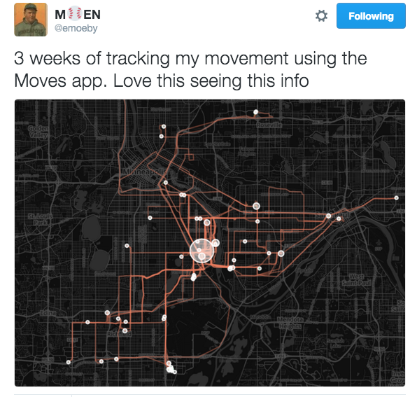 Tweet and map from @emoeby about Moves App