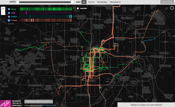 A map from Move-O-Scope displaying 9 weeks of Moves App history 