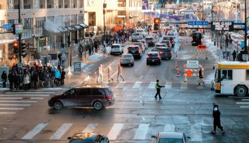 Busy 4th Street downtown Minneapolis on game day. 
