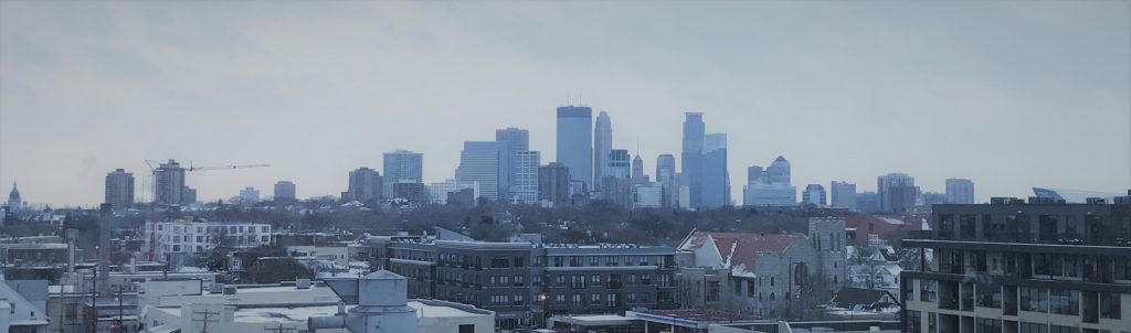 Minneapolis skyline with a clear winter sky. 