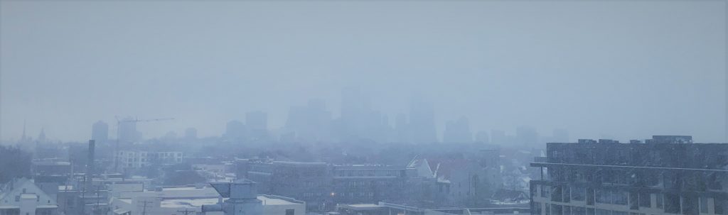 Obscured Minneapolis skyline during a winter storm. 