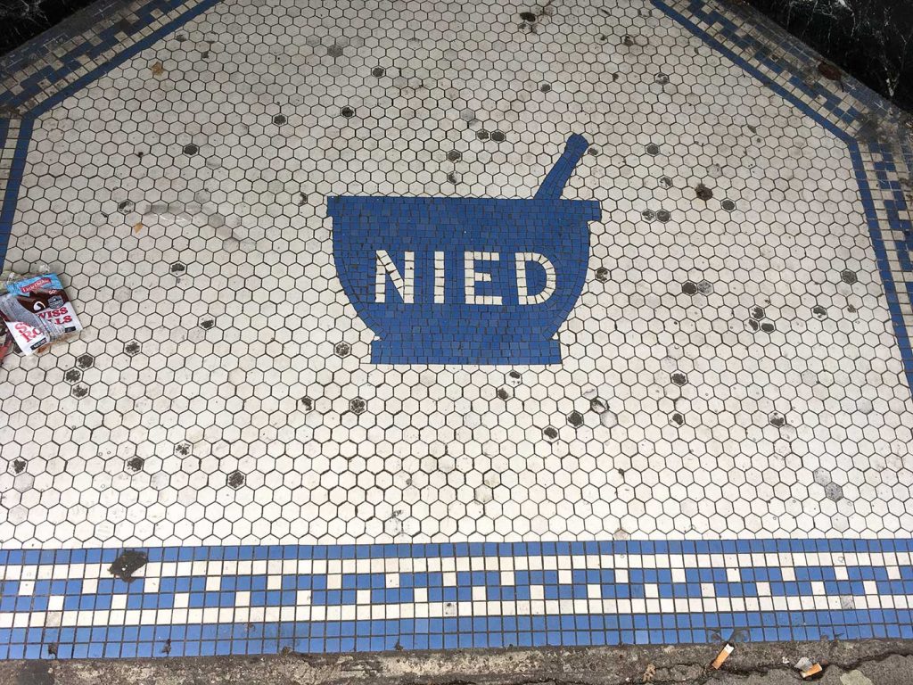 Blue medical mortar and pestle with NIED letters in white, white background, blue border