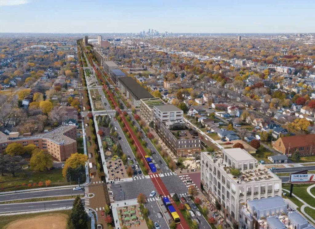 A rendering of Saint Paul from about 15 stories up, looking west, Minneapolis skyline in the background. I-94 is gone, replaced by a street and a row of large buildings.