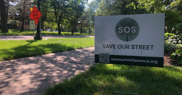 A "Save Our Streets" sign on Summit Avenue in St. Paul, Minnesota.