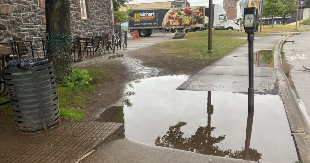 Flooded sidewalk at Fitger’s Mall