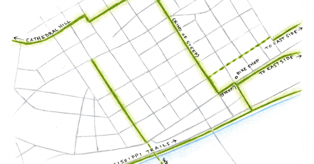 hand-drawn map of bike routes in downtown st. paul