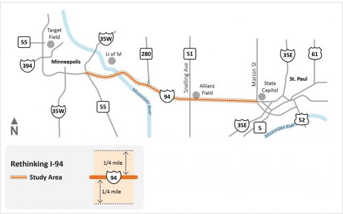A map shows the portion of I-94 that MnDOT includes in its Rethinking I-94 project.