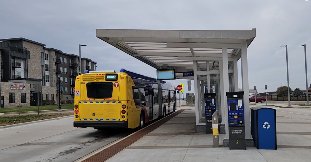 The back of an Orange Line Bus is seen at the Burnsville Heart of the City Station.
