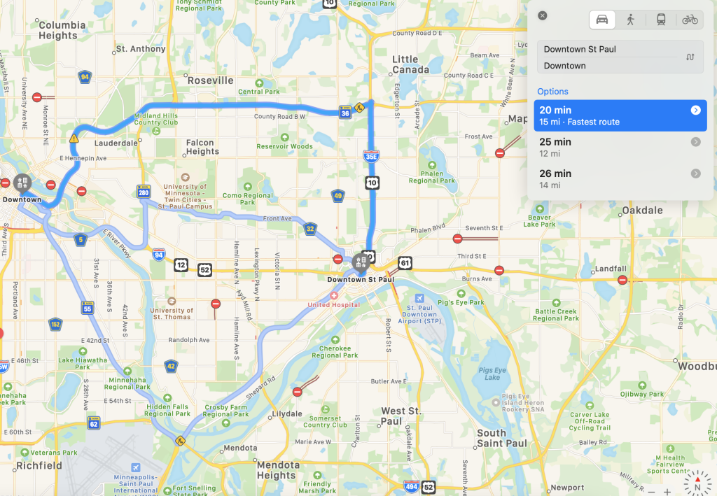 Map of routes from Downtown St. Paul to Downtown Minneapolis. All routes take 20-25 minutes.