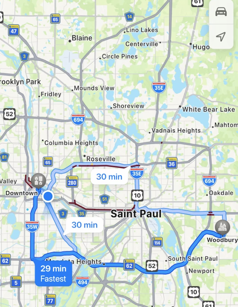 Map of routes from Woodbury to Downtown Minneapolis. All routes take approximately 30 minutes.