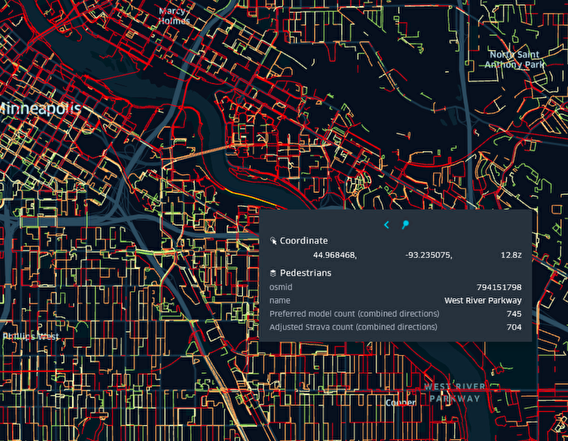 A map shows pedestrian and bicycle traffic in the Twin Cities.