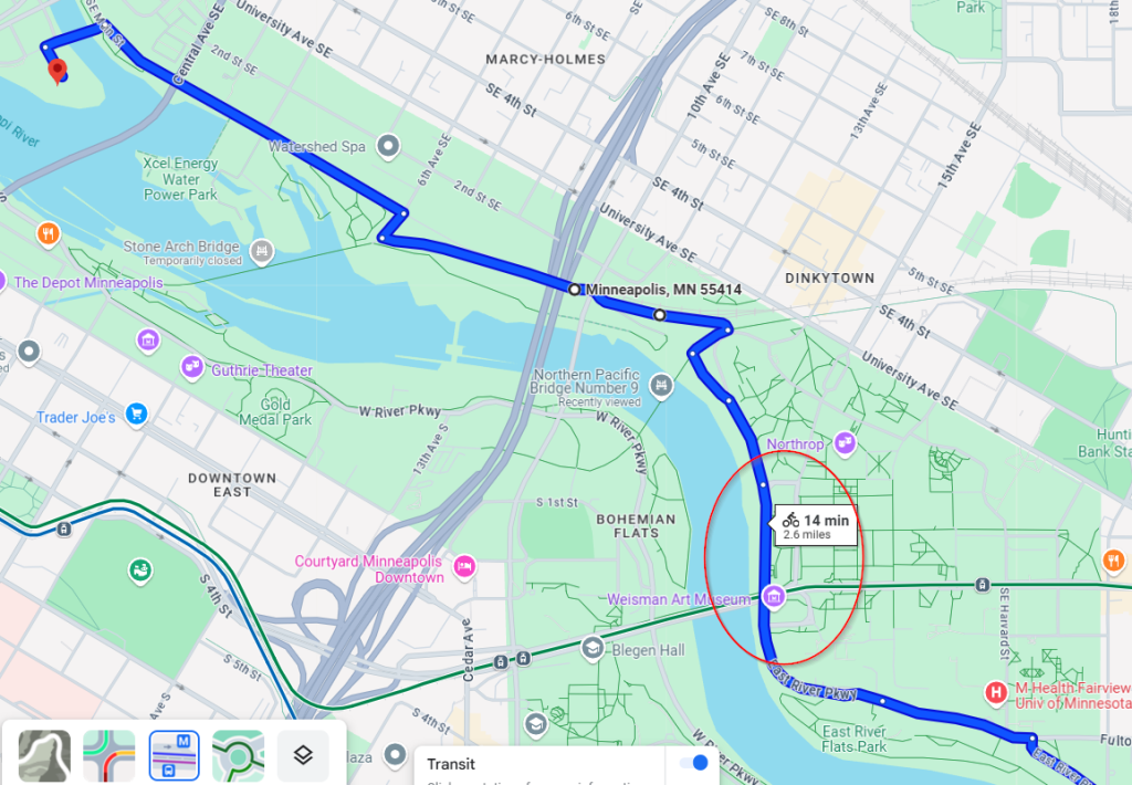 Map depicting bike route