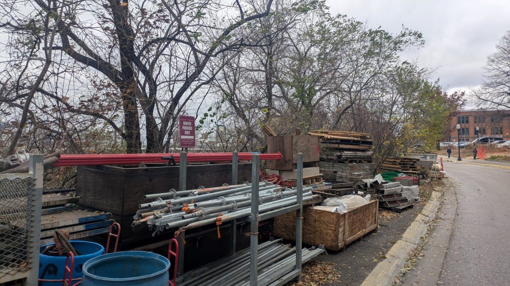 Construction equipment stored on the shoulder