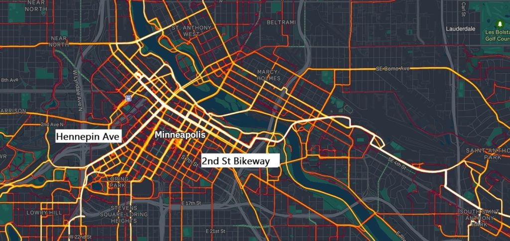A zoomed-in view of the heat map, highlighting Minneapolis, Hennepin Ave and the 2nd St. Bikeway.