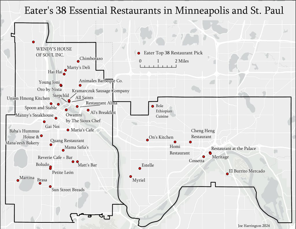 Map of Minneapolis and St. Paul with Eater's 38 Essential Restaurants shown.