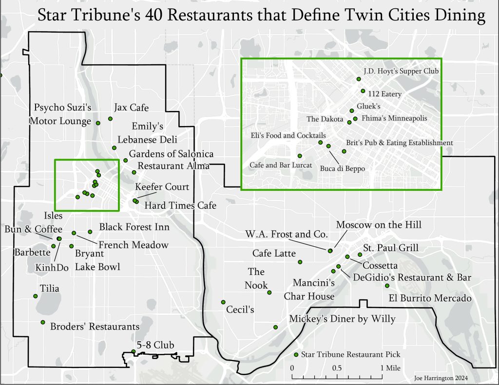 Map of Minneapolis and St. Paul with the Minnesota Star Tribune's 2022 40 Restaurants that define the Twin Cities shown.