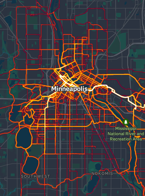 A further zoomed-in view of the heat map, highlighting downtown Minneapolis.