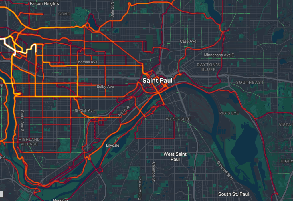 Another section of the map highlighting Saint Paul, which is less intensely highlighted than the previous Minneapolis maps.