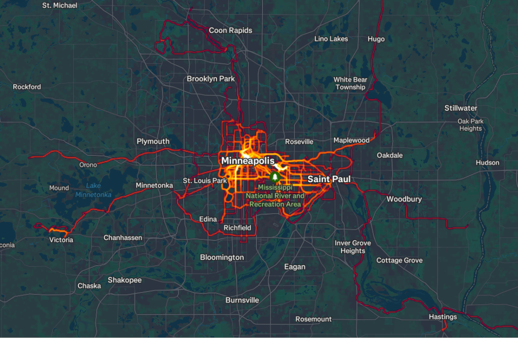 A heat map of the Minneapolis-St. Paul metro area highlighting the author's bicycle travel patterns in 2024. The major hotspot is in central Minneapolis. The highlightd sections include much of Minneapolis and Saint Paul, and some surrounding cities.