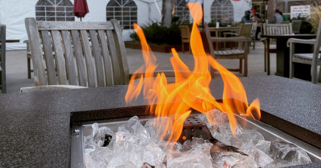 A roaring fire outside Lake Monster Brewing in St. Paul
