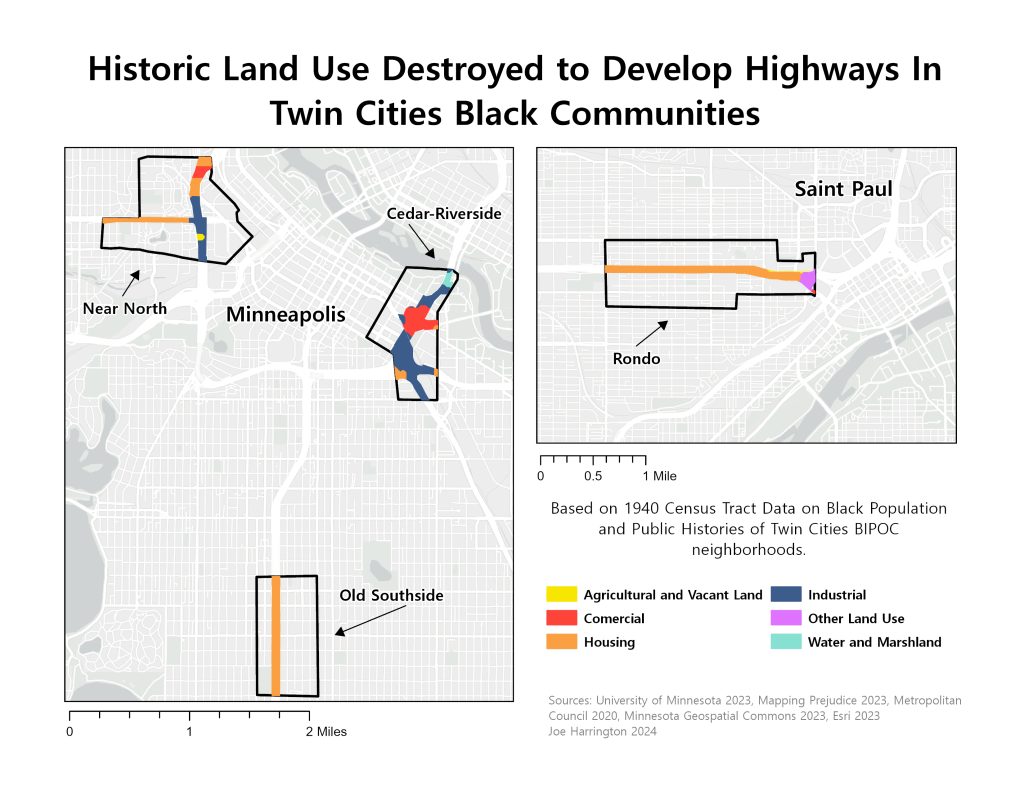 Map highlighting four historically Black communities lost to highway construction: Near North, Cedar-Riverside, Old Southside, and Rondo.