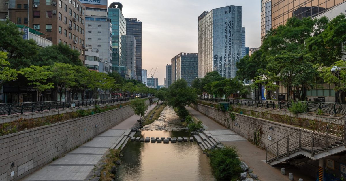 A former highway in Seoul, South Korea, is now an urban stream.