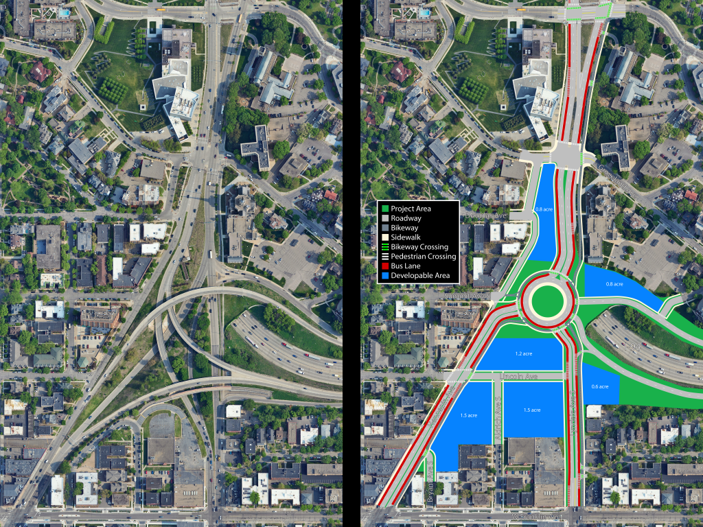 Aerial comparison of Hennepin-Lyndale interchange. Current state features long highway ramps with vacant space between. Proposed plan features compacted streets converging on a roundabout and new developable area