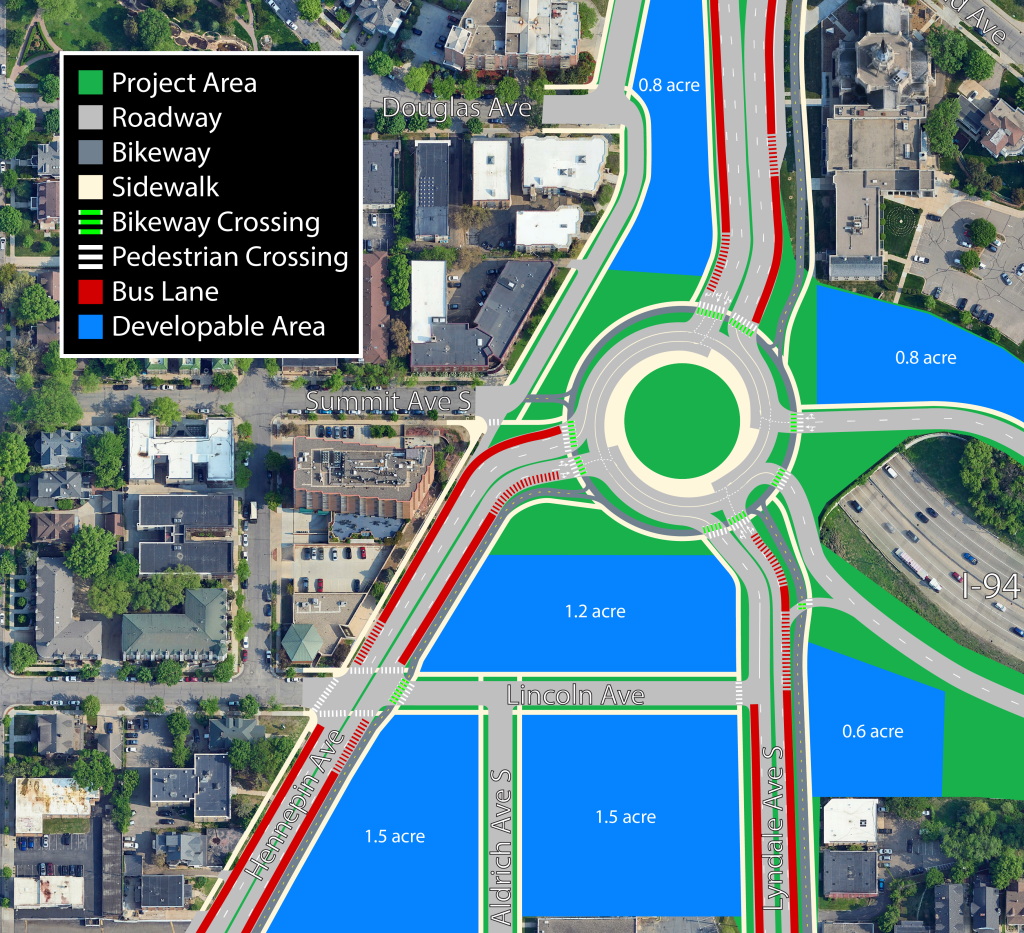 Aerial view of Hennepin-Lyndale with a turbo roundabout. Lanes in the roundabout spiral outward instead of staying parallel