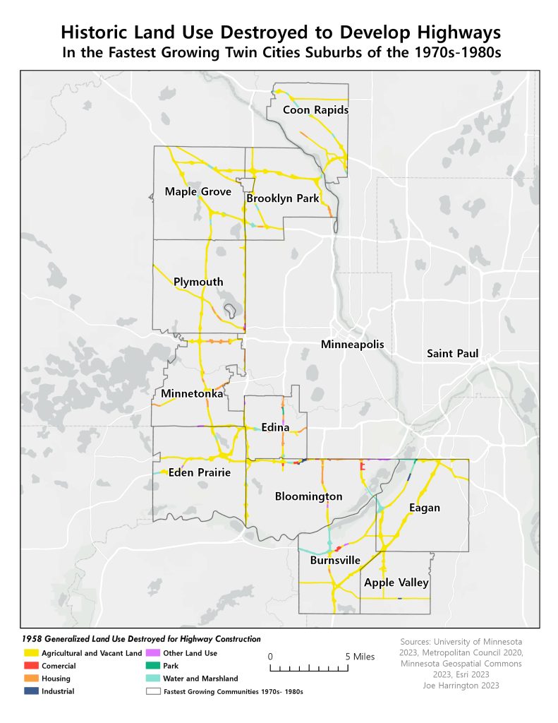 Map highlighting suburban highways, color coded by former land use. Vast majority of land used to be agricultural and vacant land.