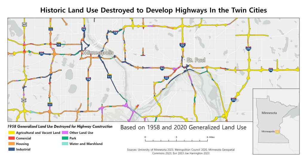 Map demonstrating urban highways were primarily built on historic housing land use whereas suburban highways were primarily built on former agriculture land. 