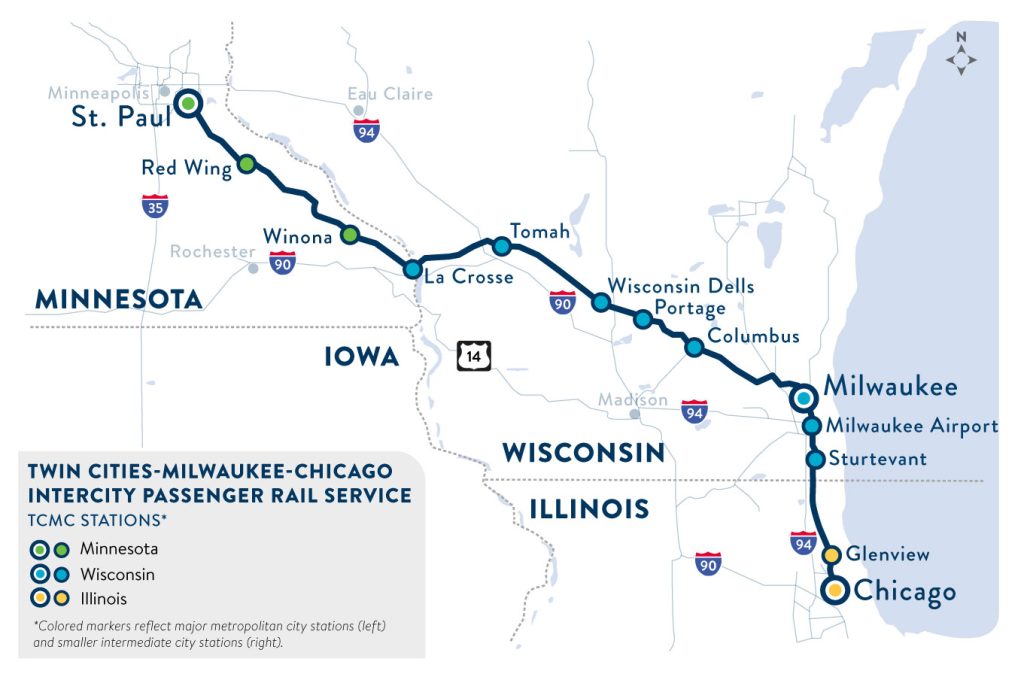 A map of the route that two daily trains take from St. Paul, Minnesota, to Chicago.