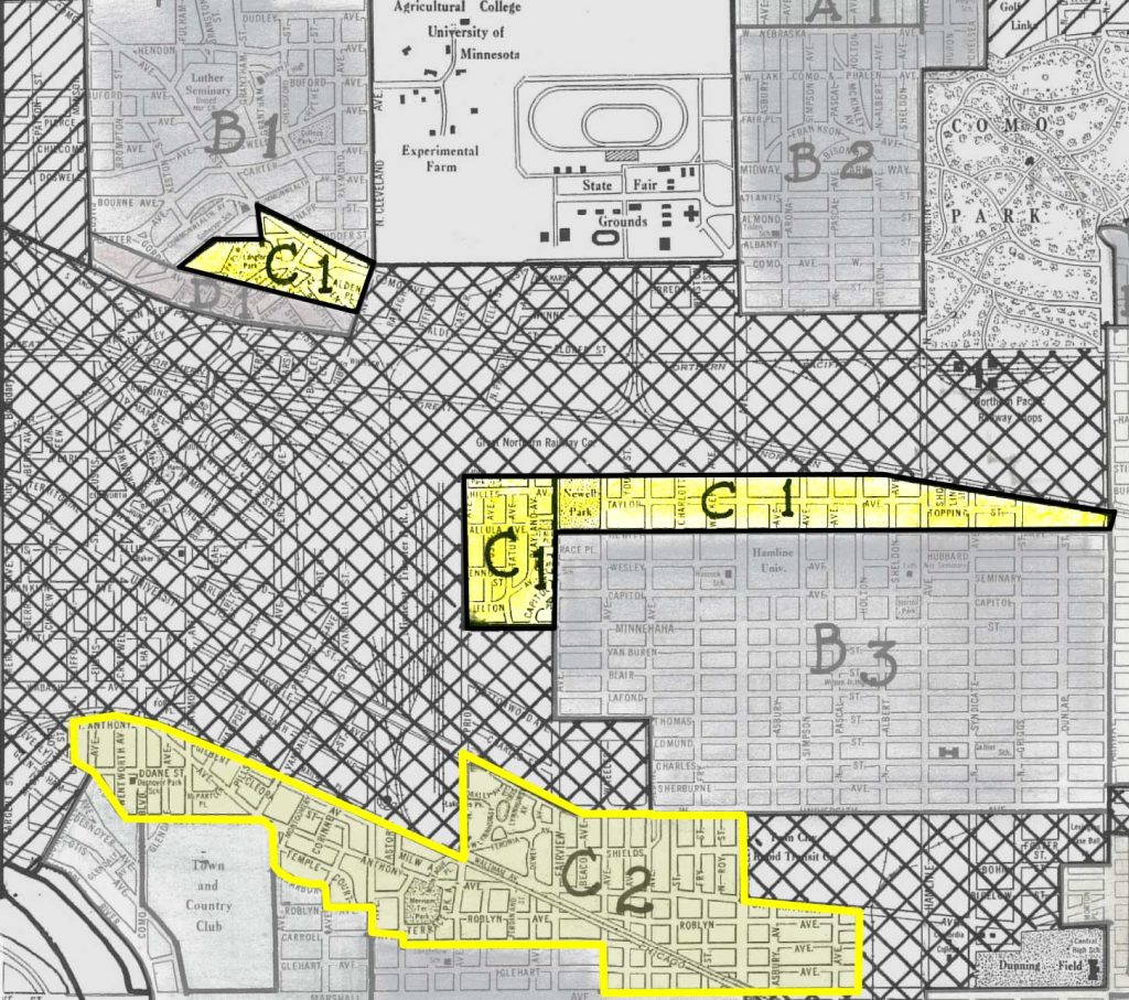 A historical redlining map with black cross-hatching marks covering South St. Anthony Park, designating it as an industrial area.