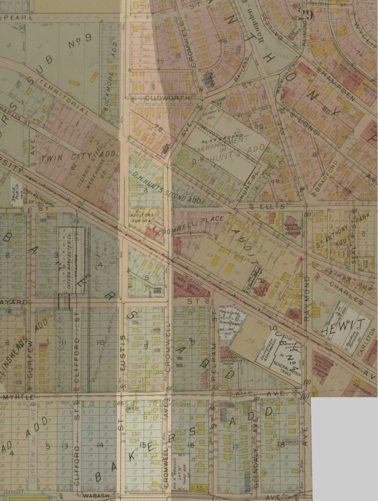 A 1916 Sanborn fire map of South St. Anthony Park, illustrating the layout of streets, property divisions, and structures within the corridor later designated for Highway 280. The map uses color coding, with pink indicating brick buildings, showing their increase over time. Various street names, lot numbers, and additions are labeled, providing historical insight into the area’s development.