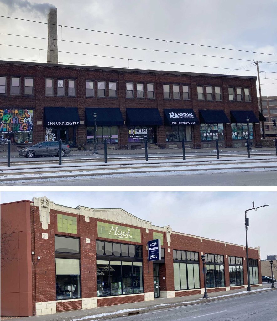Two photos of historic commercial buildings along a snowy urban street. The top image shows a two-story brick building with black awnings, large storefront windows, and a smokestack emitting smoke in the background. Various businesses and a colorful mural, occupy the ground floor. The bottom image features a one-story brick building with decorative green tiles and Art Deco detailing, housing a business with a sign reading “Mack” above the entrance.