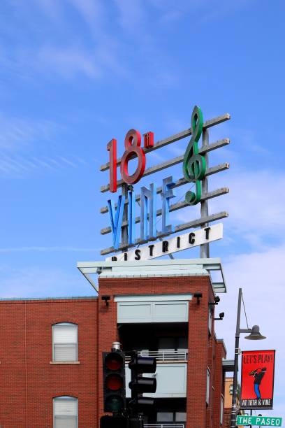A colorful 18th & Vine sign, in red, blue and green, sits atop a brick building in Kansas City, Missouri.
