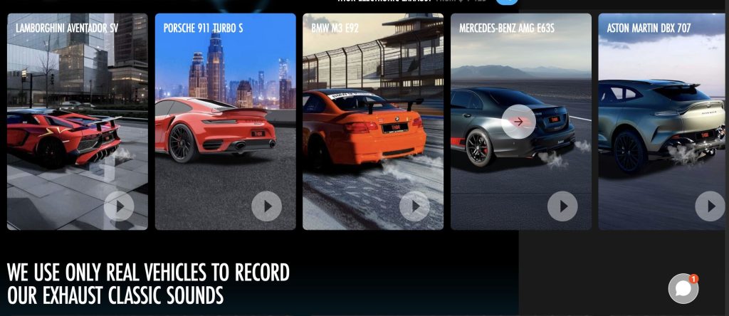 Details from Thor about the recorded sounds they offer for their electronic exhaust system, including the Lamborghini Aventador SV, the Porsche 911 Turbo S, the BMW M3 E92, the Mercedes-Benz AMG E635, and the Aston Martin DBX 707.