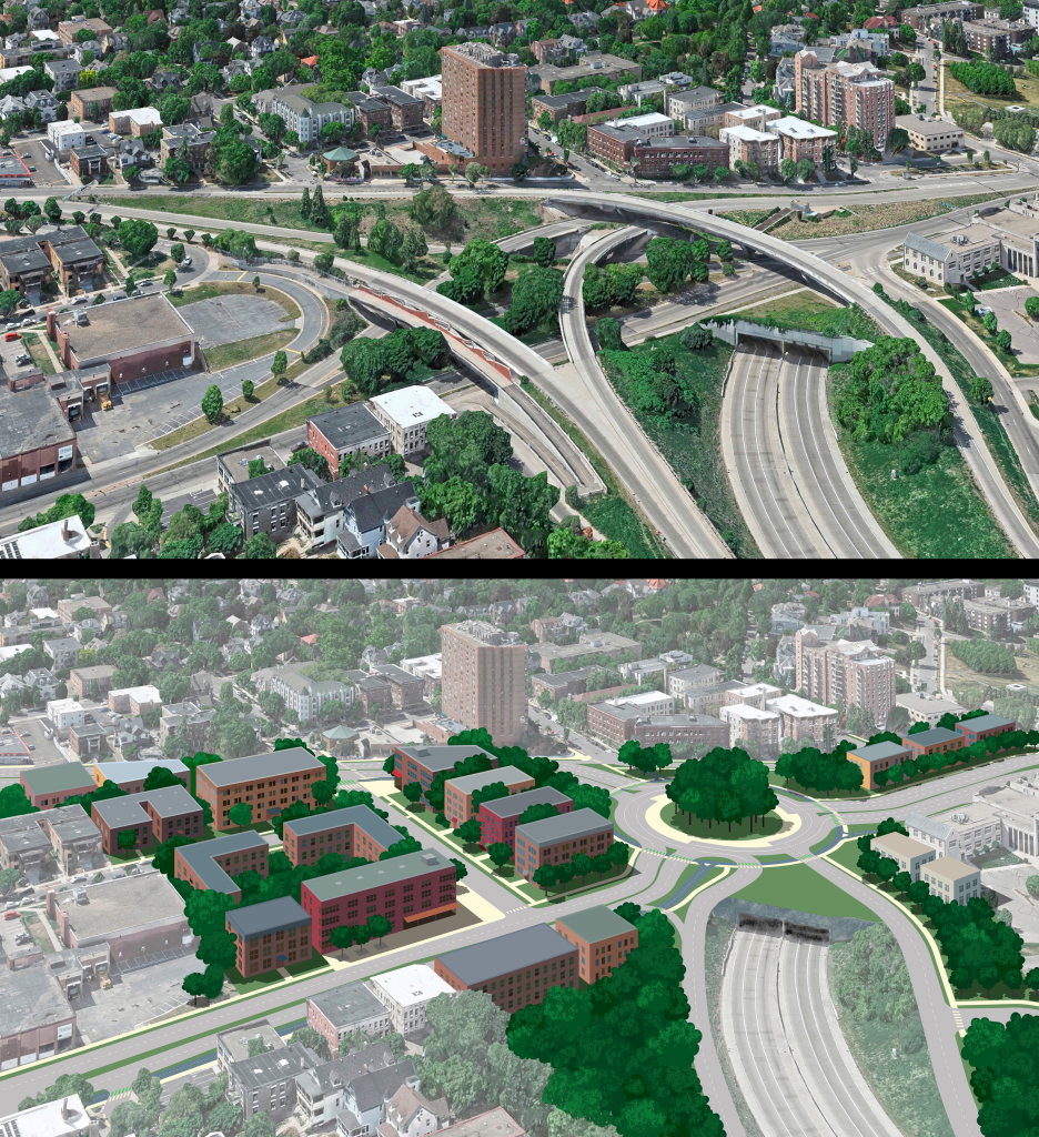 3D render of potential development around the roundabout. A number of apartment buildings fill the once empty space and are separated by trees