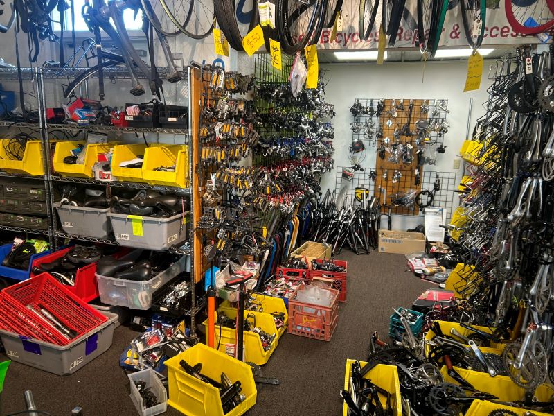 The used parts area of Express Bike Shop