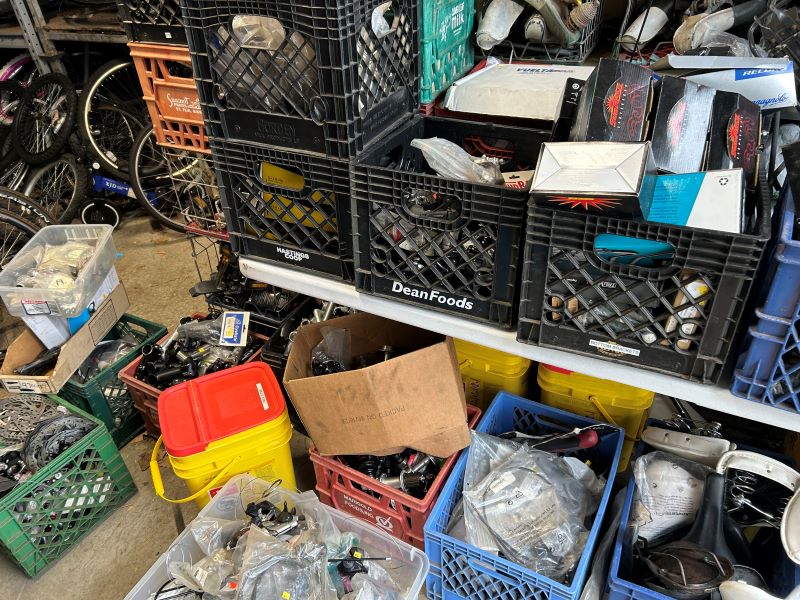 Bins full of vintage treasure in Mr. Michael's garage.