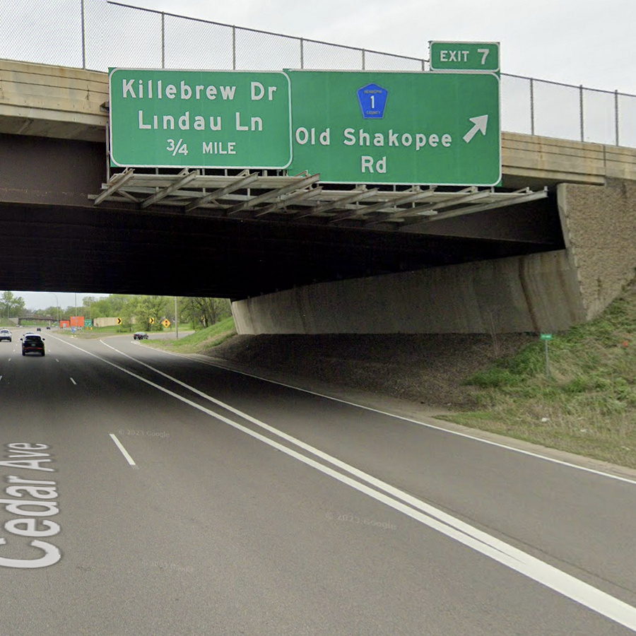 The "new" Old Shakopee Road sign on Cedar Avenue in Bloomington, Minnesota. 