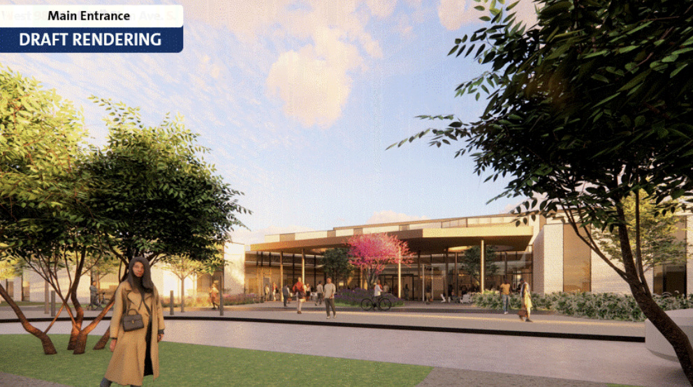 Draft rendering of the main entrance of the Health and Wellness center