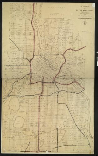 Street map shows proposed major highways throughout Minneapolis area. Proposed highways are unlabeled. Includes designs for Interstate 94, Interstate 35W, Interstate 394, Hiawatha Avenue, Olson Memorial Highway, Crosstown Highway (Highway 62), as well as highways not constructed in south, southwest, and northeast Minneapolis.