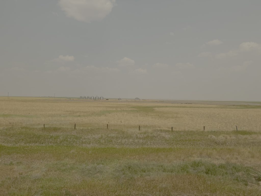 Flat grassy plains with farm buildings in the distance