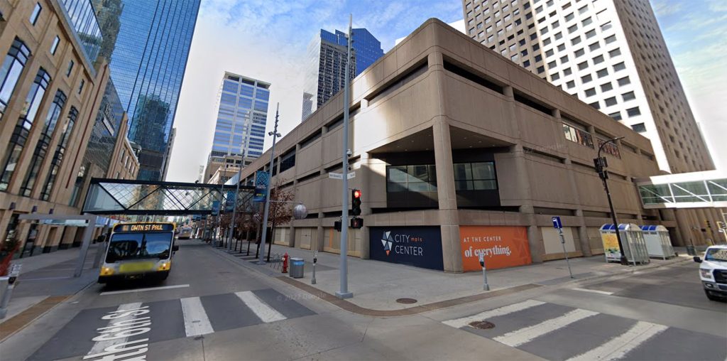 Google Street View image of City Center frontage at 6th Street and Nicollet Mall