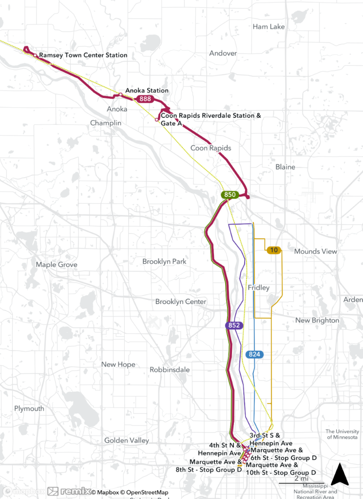 Map of the new route 888 bus. It starts in Ramsey, running mostly parallel to the train on side roads until highway 610, where it jumps across the river and takes 252 and 94 into downtown Minneapolis. The 852 will instead start at Northtown transit center and follow the east bank of the river into downtown. The 10 and 824 are also shown.